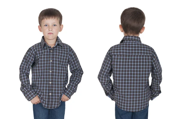 Five Year Old Boy Checkered Shirt Front Back View — Stock Photo, Image