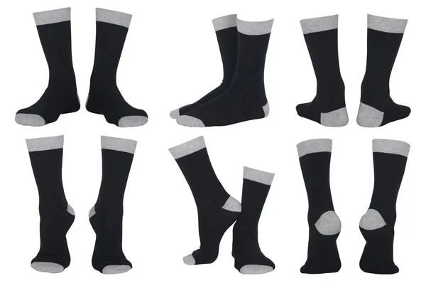 Conjunto Calcetines Negros Masculinos Diferentes Poses Aisladas Blanco — Foto de Stock