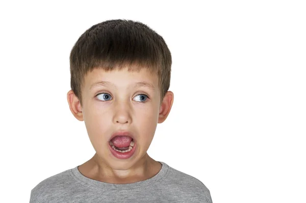 Boy Looks Away Surprise His Eyes Mouth Wide Open — Stock Photo, Image