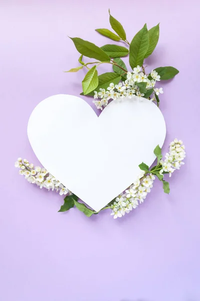 Heart Frame Blossom Bird Cherry Violet Background Copy Spase — Stock Photo, Image