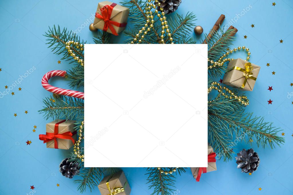 Merry Christmas and Happy new year. Square frame with branches firtree, gifts, Snowflakes on blue background