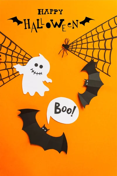 Lettering Happy Halloween Halloween Decorazione Bianco Nero Carta Sfondo Arancione — Foto Stock