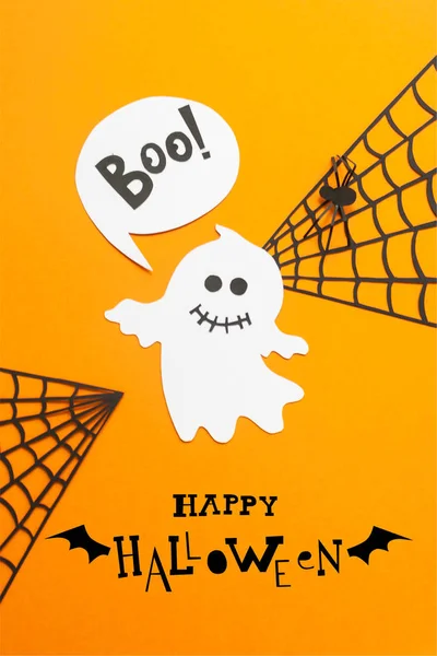 Lettering Happy Halloween Halloween Decorazione Bianco Nero Carta Sfondo Arancione — Foto Stock