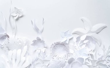 Beyaz arka plan üzerinde beyaz kağıt çiçekler. Kağıttan kesilmiş. Metniniz için yer.