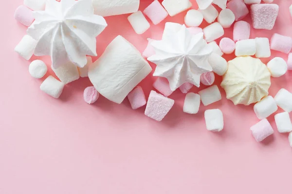 Pastel food set of colorful marshmallow on pink background. Dessert, minimalistic design.