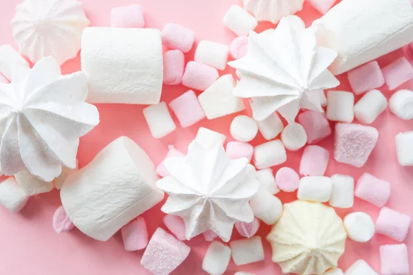 Pastel food set of colorful marshmallow on pink background. Dessert, minimalistic design.