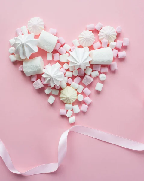 Heart Pastel Food Set Colorful Marshmallow Pink Background Dessert Minimalistic — Stock Photo, Image