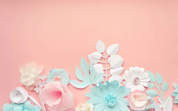 Flores Papel Azul Rosa Blanco Marco Fondo Estilo Encantador —  Fotos de Stock