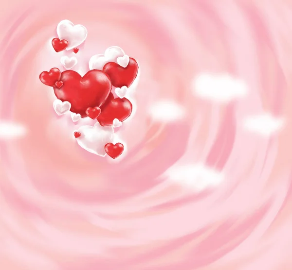 白色和红色的球 在浅粉色的天空与心脏的形状 情人节的概念 数字式插图 — 图库照片