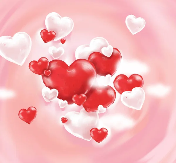 白色和红色的球 在浅粉色的天空与心脏的形状 情人节的概念 数字式插图 — 图库照片