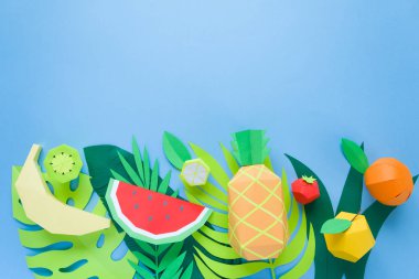 farklı tropikal yaprak kağıt üzerinde mavi arka plan ile egzotik meyve