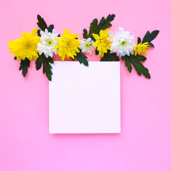 方形框架 在浅粉色背景上的一束新鲜的白色和黄色菊花 时尚的色彩 绽放爱的概念 文字位置 复印空间 — 图库照片