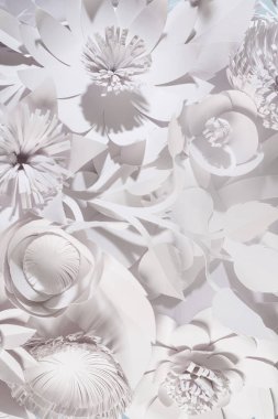 Beyaz arka plan üzerinde farklı beyaz kağıt çiçek. El yapımı