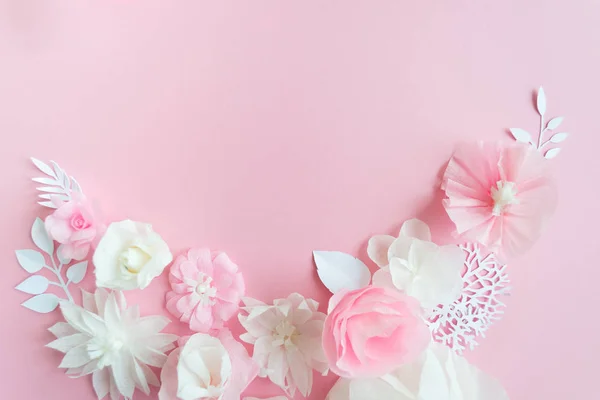 Flores Papel Blanco Rosa Sobre Fondo Rosa Marco Flor — Foto de Stock