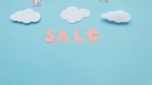 Концепція Сучасного Продажу Небо Хмари Парашути Знижки Паперу Зупинити Цикл — стокове відео