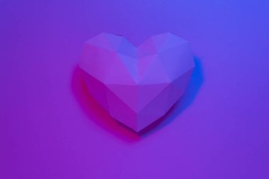 Kağıt kalp neon ışıklarıyla ışıklı gölge ile. Trendy, modern. Sevgililer günü veya başka bir sevgi davetiye kartları için Çokgen kağıt kalp pembe.
