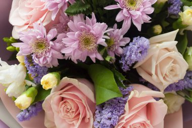 Buket, çiçek arka plan, farklı gül krizantem lisianthus