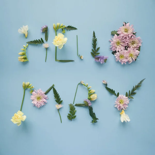 A inscrição Olá Maio, forrado com flores — Fotografia de Stock