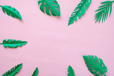 pembe arka planda kağıt kesilmiş tropikal yaprakları.