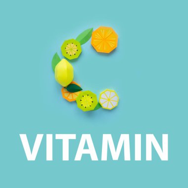 C harfi, kağıt meyvelerinden kaplı. Vitamin konsepti