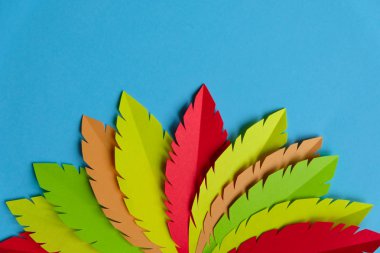 mavi arka plan üzerinde kağıttan yapılmış çok renkli hindi kuyruğu