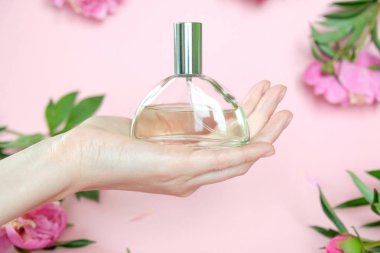 Güzel şakayık ile pembe arka plan üzerinde Parfüm şişesi. Lezzet kavramı.