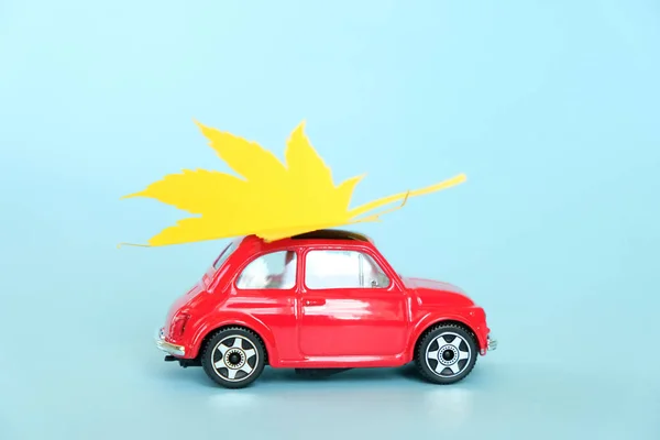 Brinquedo vermelho carro sorte outono folha. Conceito de outono — Fotografia de Stock