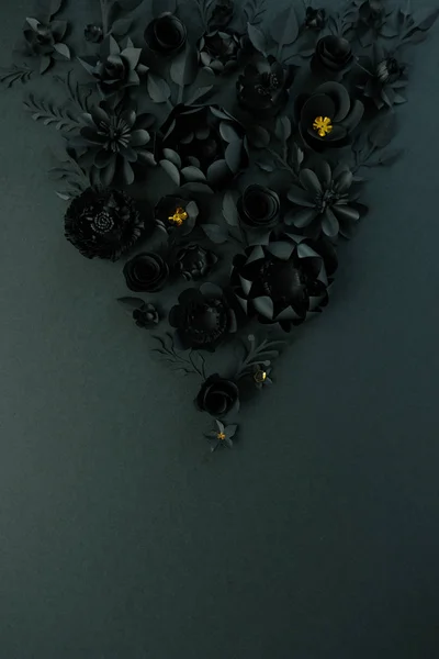 Fiori di carta nera su sfondo nero. Tagliare dalla carta . — Foto Stock