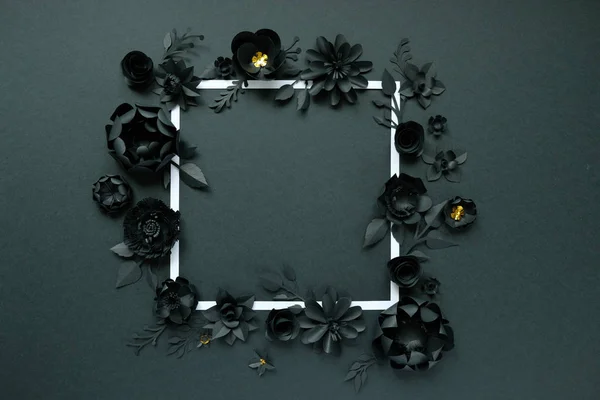 Fiori di carta nera, sfondo floreale, bouquet da sposa, matrimonio, quilling, cornice quadrata — Foto Stock