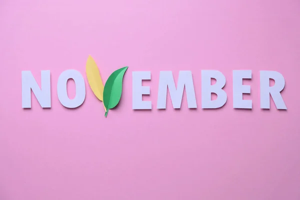 The word November cut from paper with the letter V of leaves on a pink background — Stock Photo, Image