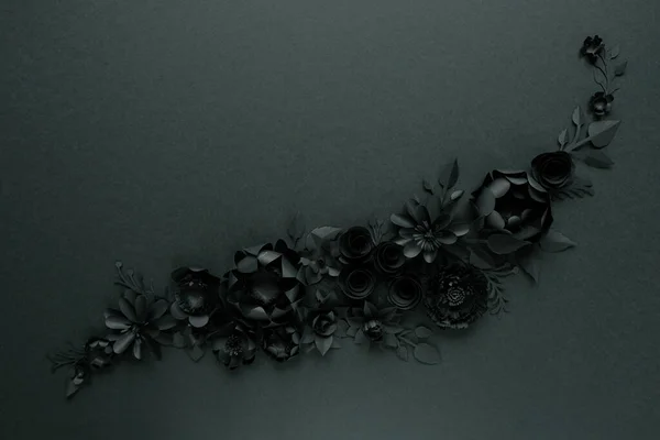 Black paper flowers on Black background. Cut from paper.