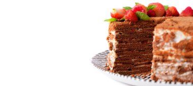 Beyaz tabakta bir parça çikolatalı pasta. Ev yapımı kek dilimi. Ağ için uzun biçim