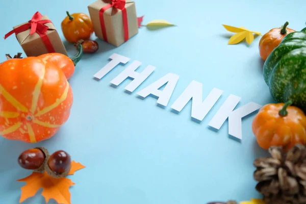 Erntedankfest Schriftzug Danke Mit Herbstlichen Elementen Auf Blauem Hintergrund Danksagungskonzept — Stockfoto