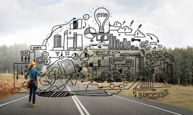 Açık havada mühendis kadının arka planı ve ekrana konsept çizimi