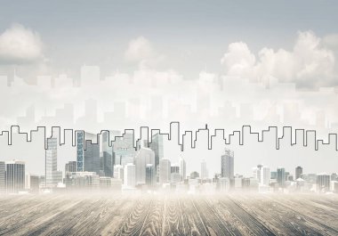 Elle çizilmiş siluet modern şehir manzarasının üzerinde kuleler ve gökdelenlerle