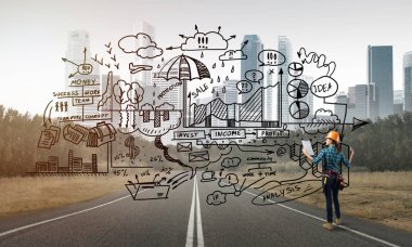 Açık havada mühendis kadının arka planı ve ekrana konsept çizimi