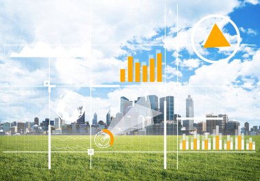 Ekranda medya simgelerine ve arka planda iş şehrine sahip modern teknolojiler kavramı