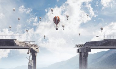 Balonlar arasında yüksek dağlar ve Clear gökyüzü arka plan üzerinde uçan ile kırık beton köprü. 3D render.