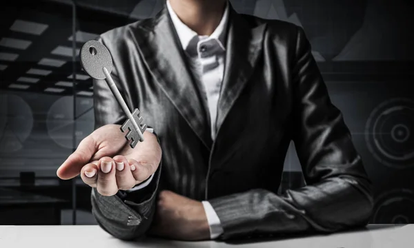 Cropped Image Businessman Suit Keeping Stone Key Symbol Hand Dark — Stock Photo, Image