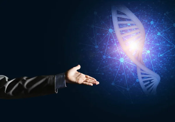 Close Businessman Hand Presenting Dna Molecule Research Concept Mixed Media — Stock Photo, Image