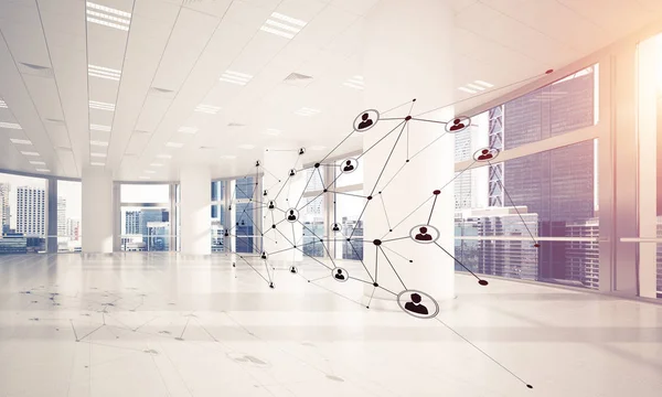 Lines connected with dots as social communication concept in office interior. Mixed media