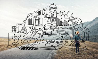 Açık havada mühendis kadının arka planı ve ekrana konsept çizimi