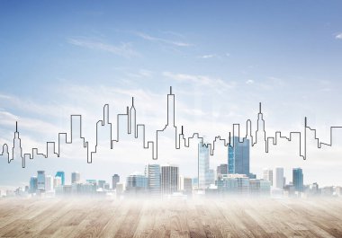 Elle çizilmiş siluet modern şehir manzarasının üzerinde kuleler ve gökdelenlerle