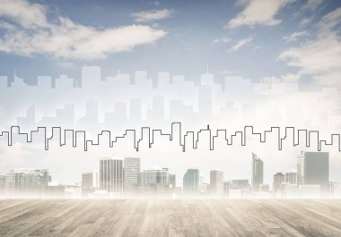 Elle çizilmiş siluet modern şehir manzarasının üzerinde kuleler ve gökdelenlerle