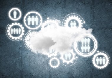 Çarklı arkaplan resmi ve beton duvarda bulut hesaplama bağlantısı kavramı
