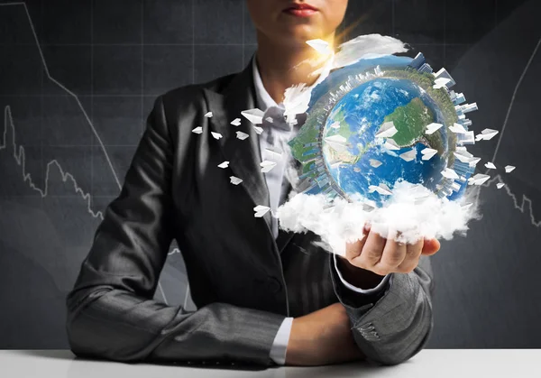 Closeup Businessman Suit Keeping Hands Earth Globe Buildings Flying Paper — Stock Photo, Image