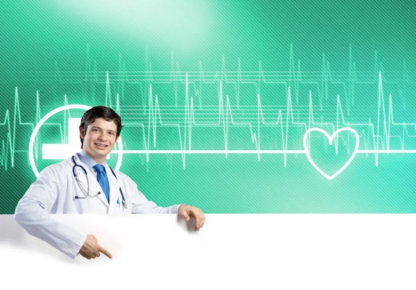 Young Handsome Doctor Holding White Blank Banner Place Your Text — Stock Photo, Image