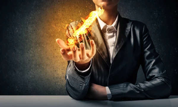 Cropped Image Businessman Suit Presenting Flaming Exclamation Mark His Hand — Stock Photo, Image