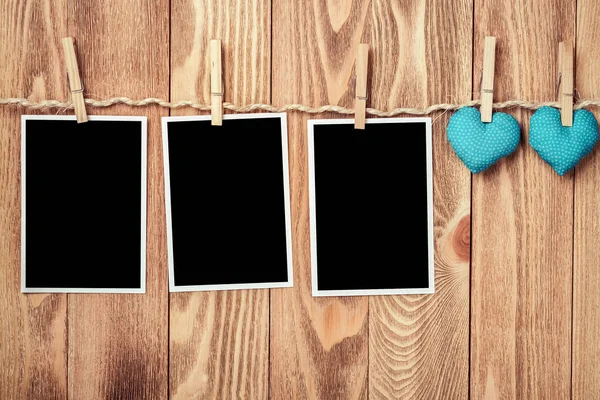 Instant Photo Frame Love Hearts Pinned Rope Wooden Textured Background — Stock Photo, Image