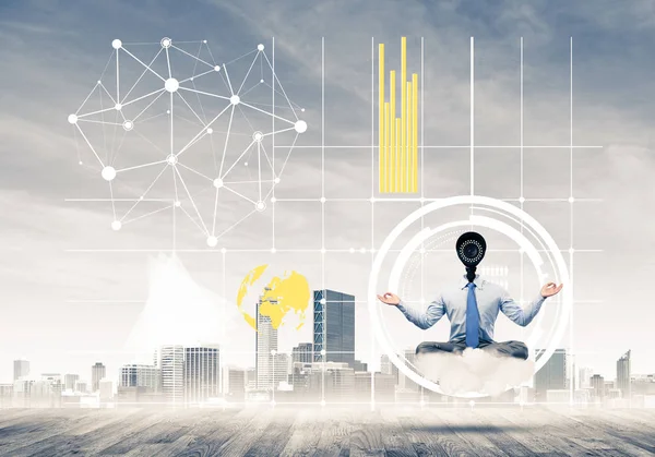 Zarif iş adamı kafa yerine bulutların ve kameraların üzerinde yüzüyor.